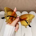 Exaggerated butterfly rimless sunglasses with gold rhinestones and amber gradient lenses - Gold Frame/Yellow Lens/Gold Rhinestone