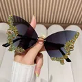 Butterfly shaped rimless sunglasses with green and gold rhinestone details for women - Gold Frame/Blue Grey Lens/Blue Rhinestone