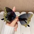 Fashionable butterfly-shaped rimless sunglasses with exquisite green rhinestone accents - Gold Frame/Blue Brown Gradient/Gold Base Blue Rhinestone