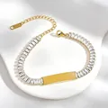 Detailed view of gold stainless steel bracelet with baguette zircons and engravable plate - Square White Rhinestone Style (A635-爪锆-手链) / Gold