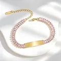 Detail shot of gold stainless steel bracelet with pink cubic zirconia and engravable plate. - Square Pink Rhinestone Style (A635-爪锆-手链) / Gold