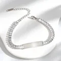 Detail of silver stainless steel bracelet with square zircons and engravable plate - Square White Rhinestone Style (A635-爪锆-手链) / Silver