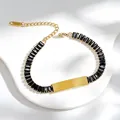 Detail of gold stainless steel bracelet with black zircon stones and engravable bar - Square Black Rhinestone Style (A635-爪锆-手链) / Gold