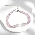 Detailed shot of pink zircon stainless steel bracelet with engravable blank plate - Square Pink Rhinestone Style (A635-爪锆-手链) / Silver