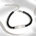 Detailed view of stainless steel bracelet with black zircons and engravable plate - Square Black Rhinestone Style (A635-爪锆-手链) / Silver