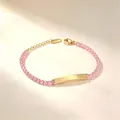 Detail view of gold-tone stainless steel bracelet with pink zircons and engravable bar - Round Pink Rhinestone Style (A635-爪锆-手链) / Gold