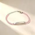 Detailed view of stainless steel bracelet with pink zircon beads and engravable silver bar. - Round Pink Rhinestone Style (A635-爪锆-手链) / Silver