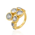 Close-up view of a luxury 18K gold plated stainless steel ring with clear stones. - Round White Zirconia (JZ002-8)