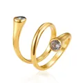 Detailed view of a high-end gold-plated spiral ring with inlaid clear cubic zirconia stones. - Swirl White Zirconia (JZ002-5)