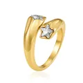 Detailed view of an irregular gold-plated open ring featuring two star-shaped crystals - Star White Zirconia (JZ002-1)