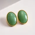 Vintage oval geometric stud earrings with green marbled acrylic and gold-tone finish - Green