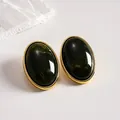 Vintage dark green marbled oval acrylic stud earrings with a gold-tone minimalist bezel - Dark Green