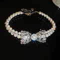 Collar de perlas vintage francés con lazo de circonitas brillantes - Collar de Perlas con Lazo / Plata-Blanco