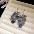 Close-up of sparkling crystal cluster earrings with iridescent blue and purple beads - 81# Grape Cluster Style / Silver Earring Post Style / Gold-Blue