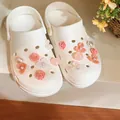 Close-up detail of romantic pink rose and pearl decorative charms on white clogs - Clogs Flower DIY Accessories / 14 Pieces Set / White, Pink