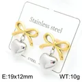Detailed shot of gold bow and silver heart pendant earrings in stainless steel - Bow Heart Stud Earrings (KE115953-KFC) / Two-tone (Gold & Silver)