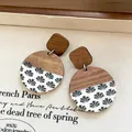 Close-up detail of vintage style wood and resin drop earrings with fan print pattern - Walnut Wood Resin Patchwork Style (13#)