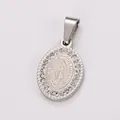 Detailed view of stainless steel oval pendant with Virgin Mary and rhinestones - Rhinestone Inlaid (Silver Tone)