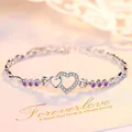 Elegant S925 sterling silver heart interlocking bracelet with purple crystals - Purple Rhinestones