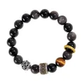 Detailed view of 10mm silver obsidian bracelet with mantra barrel and yellow tiger eye bead. - 10MM Silver Obsidian