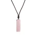 Detailed view of a rectangular pink rose quartz pendant on a brown handcrafted woven cord. - Rectangle Pendant with Cord / Pink (Rose Quartz)