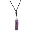 Close-up of rectangular natural amethyst stone pendant with woven brown cord - Rectangle Pendant with Cord / Purple (Amethyst)