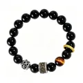 Close-up detail of 10mm silver obsidian bracelet with mantra cylinder and tiger eye - 10mm Obsidian