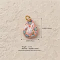 Macro view of pink bunny teardrop pendant with dimensions and stainless steel material info - Blue Flower Rabbit Teardrop Pendant / Pendant Only (No Chain)