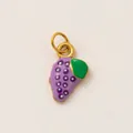 Detailed macro view of a purple fruit charm with a green leaf and golden jump rings - Blueberry Pizza Pendant