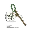 Detailed dimensions for the lotus flower bag charm with green carabiner and rope knot - Lotus Style
