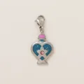 Detail view of heart-shaped stainless steel pendant with blue glitter and pink gem. - Steel Blue Heart Pendant