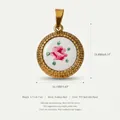 Macro view of vintage rose floral pendant showing 18.8mm dimensions and gold plated steel. - Style 3 Round Plate Rose Pendant Only (Without Chain)