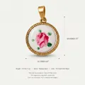 Ciondolo rotondo in acciaio inossidabile con rosa dipinta a mano e placcatura in oro PVD - Stile 8 Ciondolo Rosa Rotondo Solo (Senza Catena)