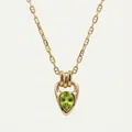 Detail view of a gold-plated horseshoe buckle necklace with a green pear-cut gemstone. - Olive Green
