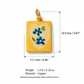 Yellow rectangular copper pendant with blue flowers showing precise dimensions and weight - 7 Heart Flower Pendant