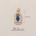 Enamel flower vase pendant with pink roses, 18K gold plated copper jewelry charm - Blue Vase Rose Charm (20)