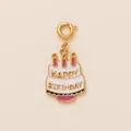 Golden birthday cake charm pendant with Happy Birthday text and glittery pink candles - Cake Shape