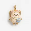 Detailed view of a cute enamel schoolbag pendant with a smiley face and pink bows - Backpack Pendant