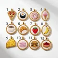 Grid view of twelve distinct food-themed embroidered pendants with gold-tone frames. - Pendant Only (Without Chain) (1) / Pizza Pendant