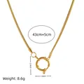Gold snake chain necklace with a large round spring clasp and detailed dimension markings - 18mm Sailor Clasp Flat Snake Chain