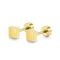 Detail view of gold stainless steel square cube stud earrings with secure screw-back posts - Square Style / Gold
