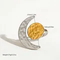 Silver crescent and gold hammered disk stainless steel ring with dimensions info - Size 6 / Gold and Silver Two-tone