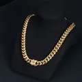 Detailed view of a shiny gold stainless steel Miami Cuban link necklace for men. - Bracelet / 12mm / Gold / 19cm