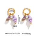 Close-up of stainless steel conch hoop earrings with shell and pearl charms with size - Purple