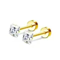 Classic gold plated stainless steel stud earrings with square clear zirconia and screw backs - Square Zirconia Style / Gold