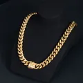 Classic 18k gold plated stainless steel hip-hop Cuban link chain necklace SKU image. - Bracelet / 14mm / Gold / 19cm