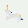 Detailed view of white enamel unicorn pendant with rainbow mane and gold-plated horn. - Rainbow Horse