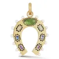 Close-up of colorful horseshoe pendant with pearls and multi-colored birthstones - Horseshoe / Gold-Green Horseshoe Pendant