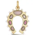 Detailed macro view of a gold-plated horseshoe pendant with pearls and pink gemstones. - Horseshoe / Gold-Light Pink Horseshoe Pendant