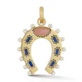 Detail shot of a gold-toned horseshoe pendant featuring pearls and colorful stones - Horseshoe / Gold-Pink Horseshoe Pendant